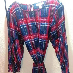 Motherhood Maternity Womens Red Plaid Silver Sparkle Flowy Tunic Tie Belt Size L